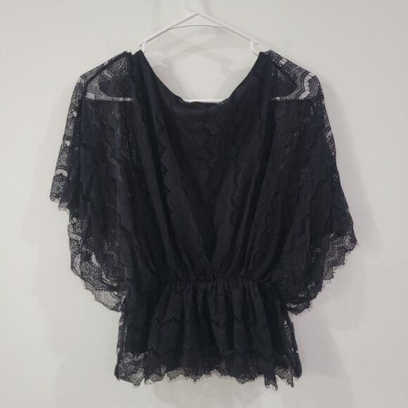 Old Navy Womens Top Size Small Black Floral Lace Bat Wing Cinched Waist - Picture 2 of 7